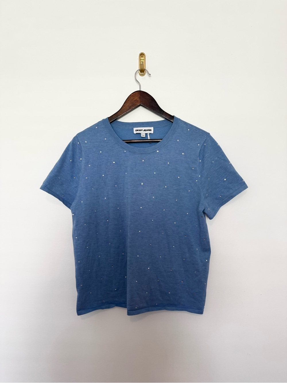 DKNY Jeans XL Blue Rhinestone Embellished Short Sleeve Knit Sweater